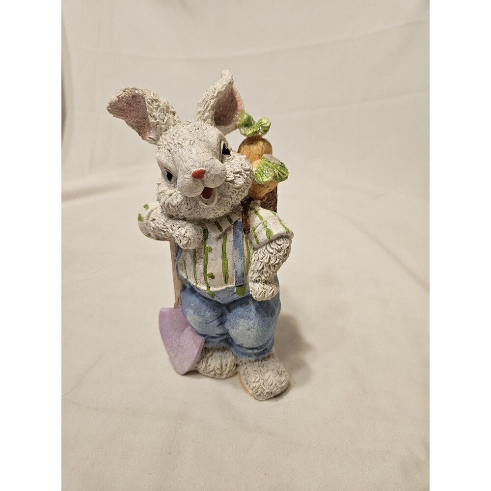 Vintage Glittered 7.5" Whte Rabbit Farmer W/Spade & Carrot Anthropomorphic EUC